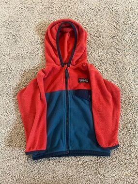 Patagonia Toddler Red Fleece Hooded Jacket with Teal Trim